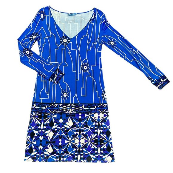 Emilio Pucci 100% Silk Geometric Print Long-Sleeve Mini Dress - Size Small - Picture 1 of 1